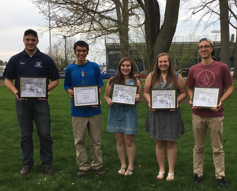 BE award recipients (L to R): Tyrel Kling, Peter DeMartino, Kaitlyn Morrow, Brittany Ayers, and Chris Valdez