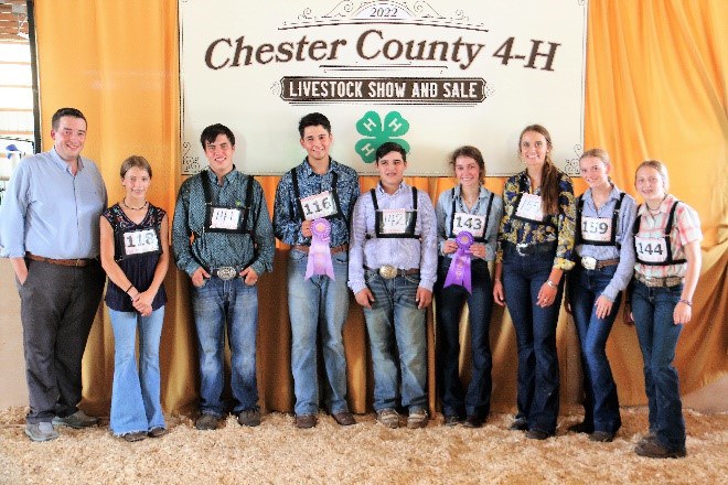 Supreme Champion Showman Competition participants with Judge Drew Cashman.  From left to right, Drew Cashman, Kaycee Engle, River Lease, David Bell (Reserve Champion Showman), Sawyer Lease, Olivia Macomber (Supreme Champion Showman), Melinda Stoltzfus, Sarah Uhlman, Alexis McCafferty