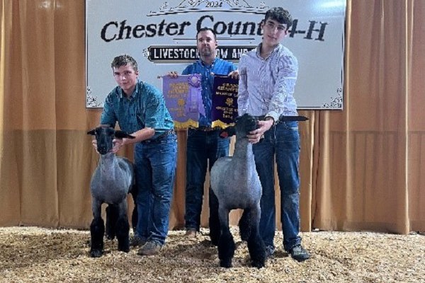 Chester County 4-H Sheep Show Results Judge John Passwater of Bridgeville, DE poses with Payton Engle and Sawyer Lease and their award-winning market lambs.