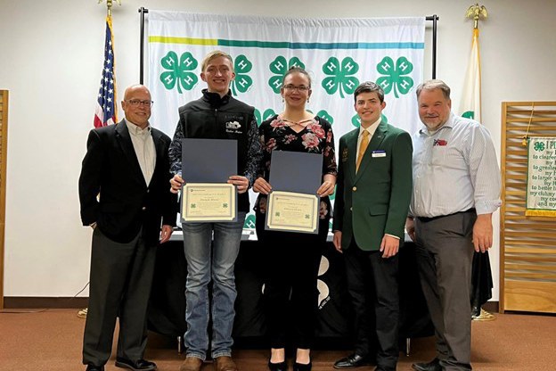 Pictured left to right: Commissioner Scott Boyd, Outstanding 4-H Members Tucker Maine and Jordan Olson, PA 4-H State Council member Colby Carreon, Commissioner Matthew McConnell. Photo credit: Jennifer Arnett, Penn State