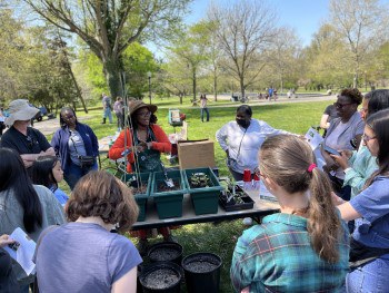 Master Gardener in action teaching a gardening workshop at the Master Gardener Plant Sale.