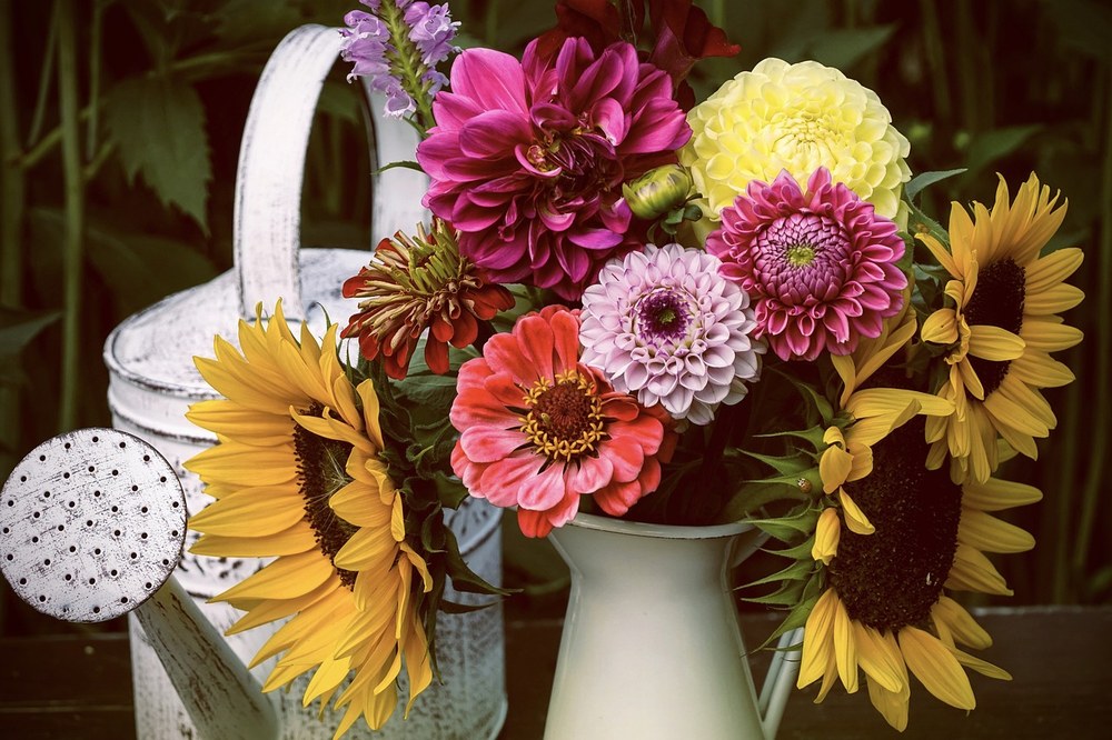 White watering can with cut flower arrangement