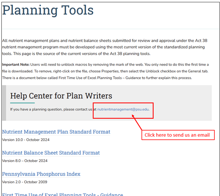 Screenshot of Planning Tools webpage