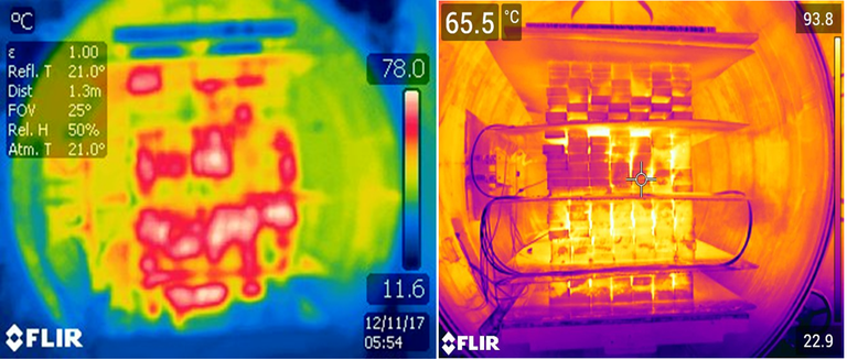 Fig. 3. Left thermal image (older FLIR Model T250 camera) shows the heating consistency of 4”x6” cants and the same post-treatment results for the stringers (right image). The right image used a newly acquired FLIR model T530 camera. Note: Despite differences in appearance, both images are the same emissivity (ε= 1.00) value as camera calibrations for thermal reading sensitivity.